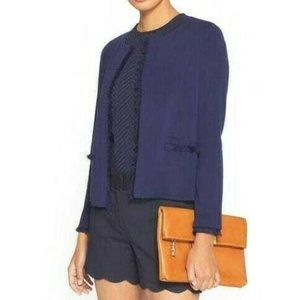 J. McLaughlin Marie Fringe Open Front Cardigan Sweater Medium Blue Cotton Pocket